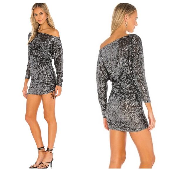 NWT Free People Gisele Sequin Mini Dress Black Silver Off Shoulder Cocktail - Picture 15 of 15